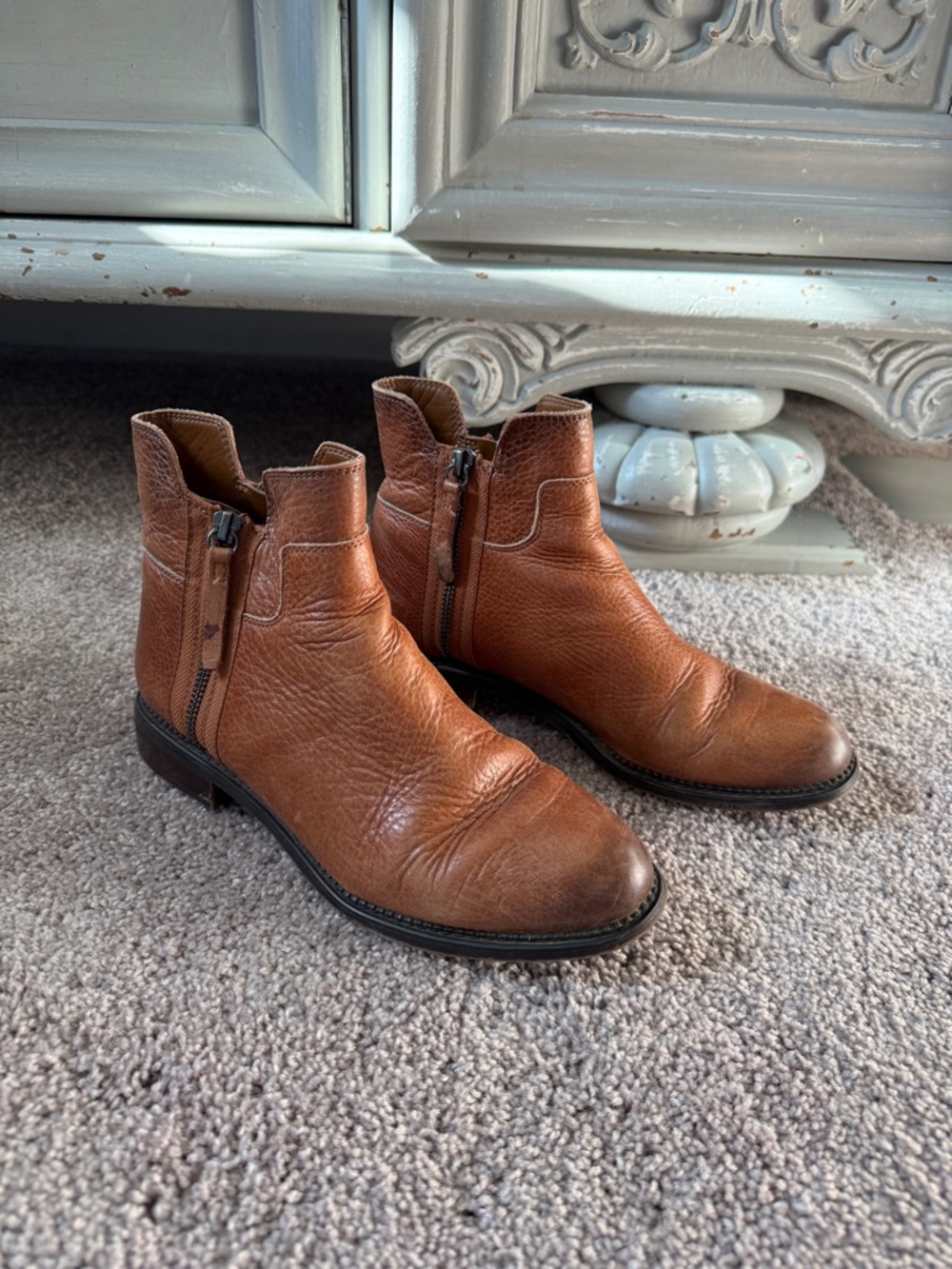Franco Sarto Cognac Brown Leather Side-Zip Ankle Booties fall weather